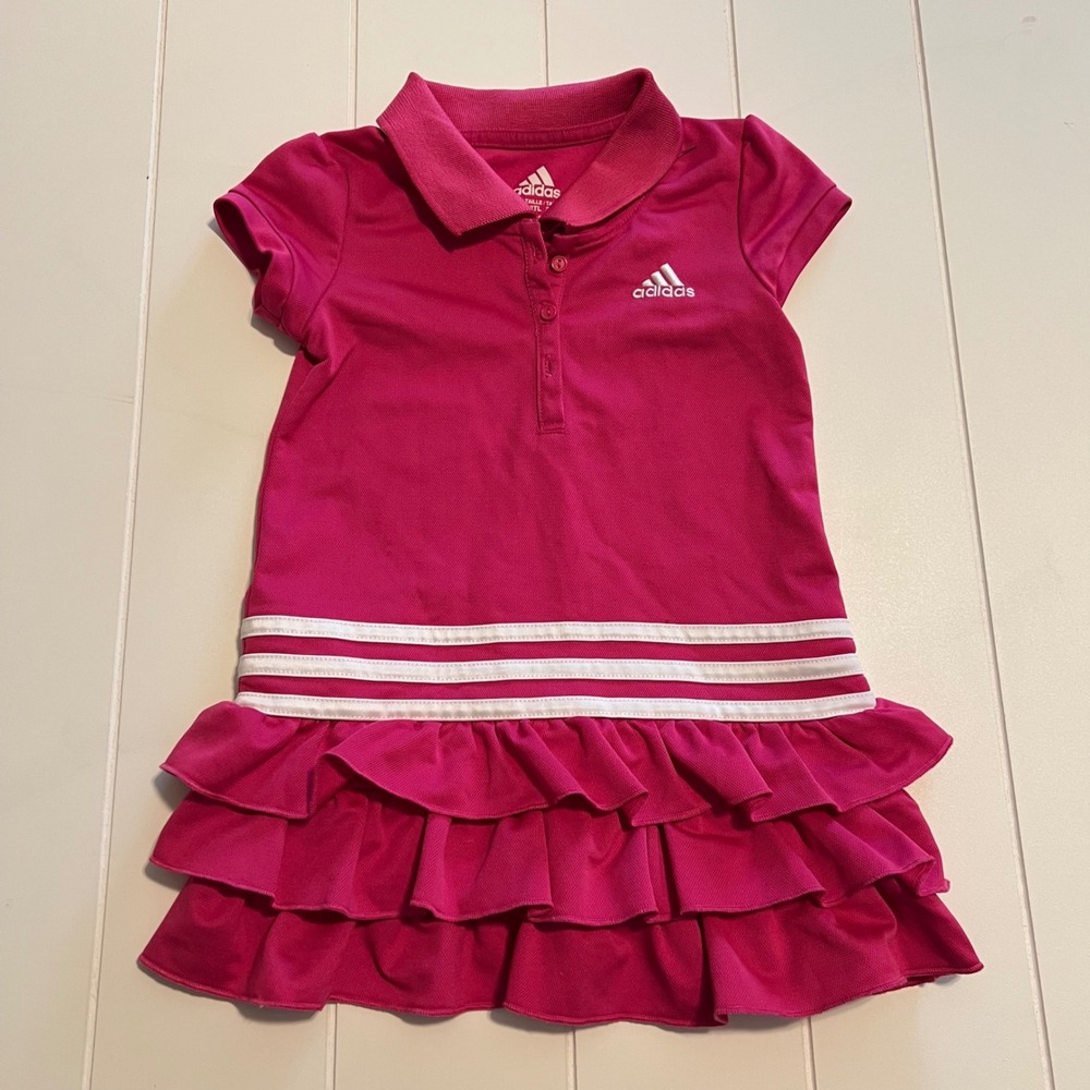 Adidas Girls Pink Ruffle Polo Dress Short Sleeve 3 Stripe Sporty AZ4571 Size 3T